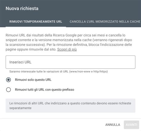 schema processo rimozione URL Search Console